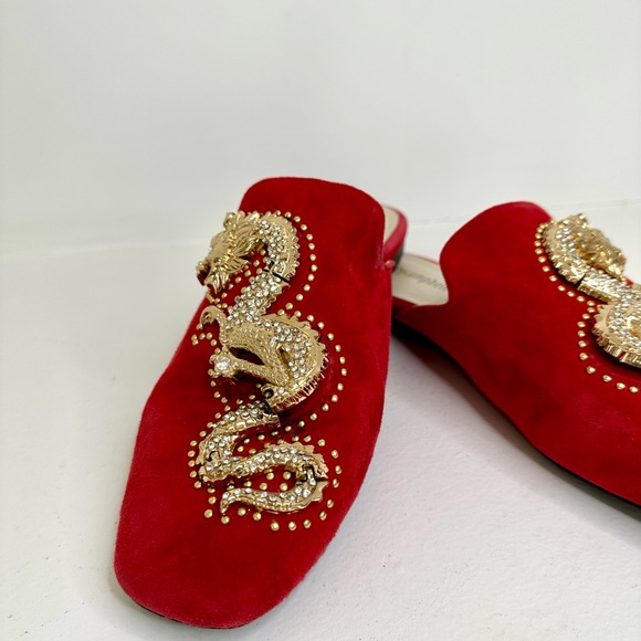 Stunning red suede slides with gold dragon detail - Picture 3 of 8